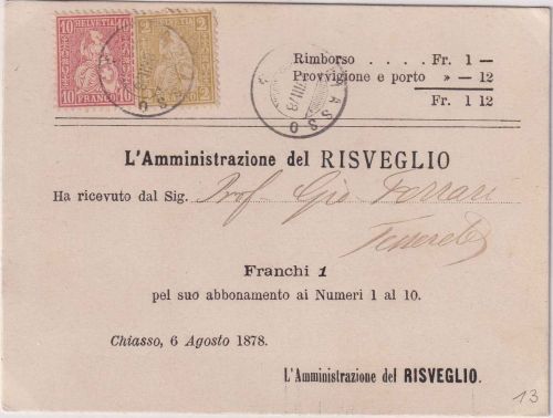 Schweiz - 2+10 Rp. sitz. Helvetia Nachnahmekarte Chiasso - Tesserete 1878