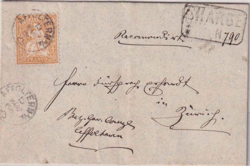 Schweiz - 20 Rp. sitz. Helvetia Chargebrief Fingerhut-K1 Affoltern - Zürich 1866