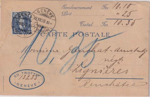 Schweiz - 25 Rp. steh. Helvetia Nachnahmekarte Geneve - Lignieres 1900