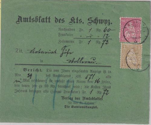 Schweiz - 2+10 Rp. sitz. Helvetia Nachnahmekarte Schwyz - Wollerau 1881