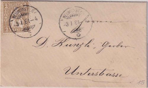 Schweiz - 2 Rp. sitz. Helvetia Drucksachenbriefchen Neumünster Unterstrass 1881
