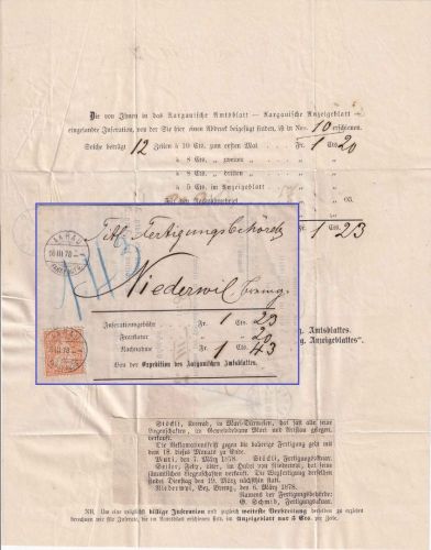 Schweiz - 20 Rp. sitz. Helvetia Nachnahmebrief Aarau - Niederwil 1878