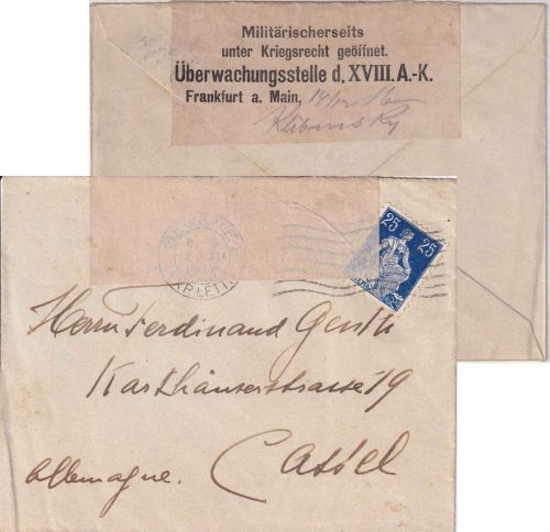 Schweiz - 20 Rp. sitz. Helvetia Zensurbrief Genf - Kassel 1916 Zensur Frankfurt