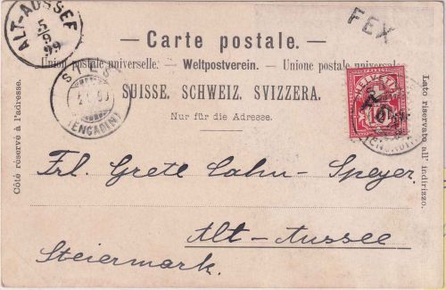 Schweiz - Fex L1 10 Rp. Kreuz/Wertschild Ansichtskarte n. ÖSTERREICH 1899