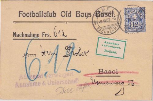 Schweiz - 12 Rp Kreuz/Wertschild Nachnahmekarte Footballclub Old Boys Basel 1907