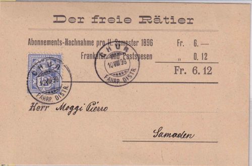 Schweiz - 12 Rp Kreuz/Wertschild Nachnahmekarte Chur - Samaden 1896