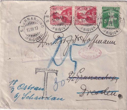Schweiz - 2x10 Rp. Helvetia u.a. Brief S. Bernadino - Dresden 1913 Nachporto