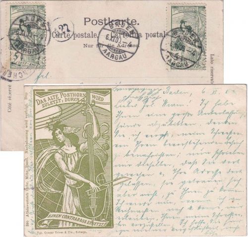 Schweiz - 2x5 Rp. 25 J. Weltpostverein UPU-Juxkarte Baden - München 6.11.1900