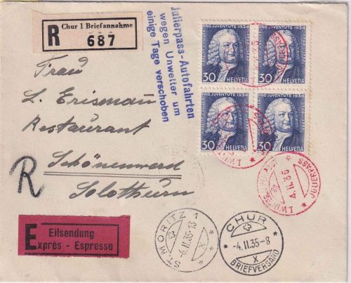 Schweiz - 30 Rp. Juventute 1934 4er-Block Eil-Einschreibebrief Julierpass 1935
