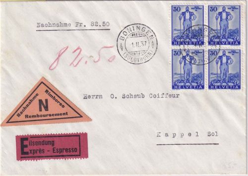 Schweiz - 30 Rp. Pro Patria 1936 4er-Block Eil-Nachnahmebrief Boningen 1937