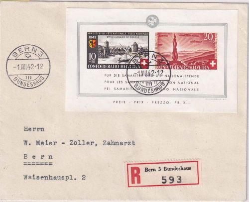 Schweiz - Pro Patria 1942 Blockausgabe Ortseinschreibebrief Bern 3 Bundeshaus