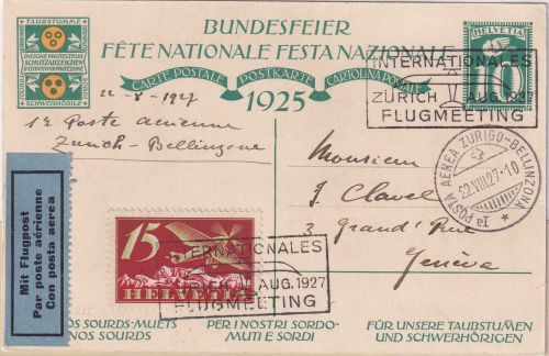 Schweiz - Int. Flugmeeting Zürich 1927 Bundesfeier-Ganzsache + Zusatz Erstflug