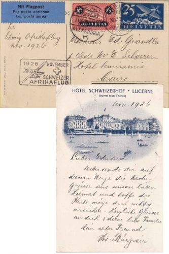 Schweiz - 45+25 Rp. Flugpost Luftpostkarte/Afrikaflug Zürich - Kairo 1926