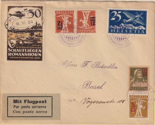Schweiz - Int. Schaufliegen Romanshorn 1924 Luftpostbrief + Vignette n. Basel