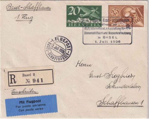 Schweiz - Erstflug Basel/Schaffhausen Luftpost-Einschreibebrief 1.7.1926