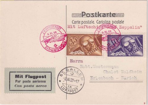Schweiz - Schweizfahrt Zeppelin LZ 127 Luftpostkarte/Bordpost n. Erlenbach