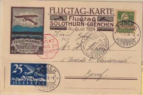 Schweiz - Flugtag Solothurn/Grenchen 1924 Luftpost-Sonderkarte Zürich 1.IX.24