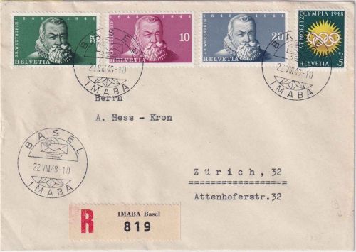 Schweiz - 20+10 Rp. ex IMABA-Block u.a. Einschreibebrief SST Basel IMABA 1948