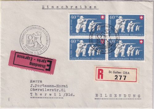 Schweiz 40 Rp. Pro Patria 4er-Block Eil-Einschreibebrief SST St. Gallen OBA 1950