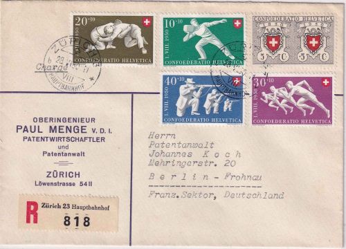 Schweiz - Pro Patria 1950 Satz Einschreibebrief Zürich - Berlin 28.6.50