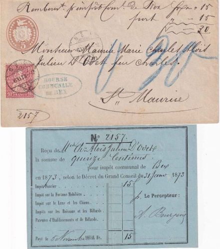 Schweiz - 5 Rp. Dübli Ganzsache + Zusatz Nachnahmebrief Bex - St. Maurice 1873