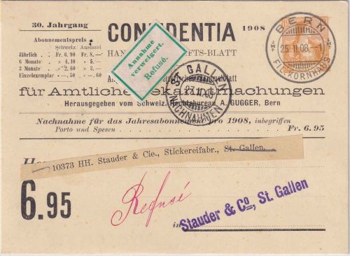 Schweiz - 12 Rp. Helvetia Privatganzsache/Nachnahmekarte Bern - St. Gallen 1908