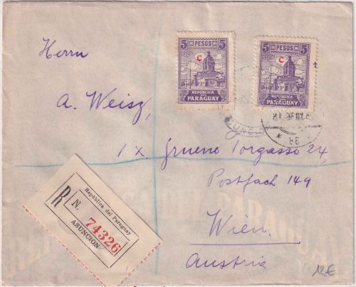 Paraguay - 2x5 P. Kathedrale/Aufdruck "C" Einschreibebrief Asuncion - Wien 1936