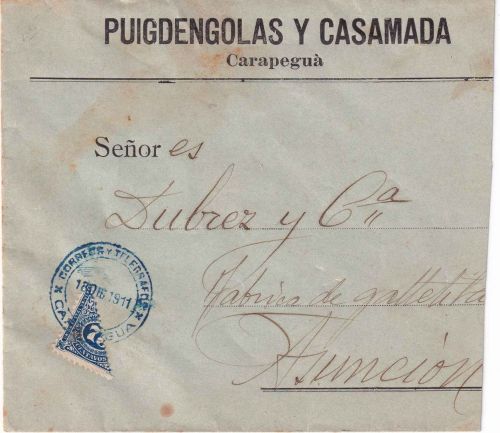Paraguay - 75 C. Ziffer diagonale Halbierung Brief Carapegua - Asuncion 1911