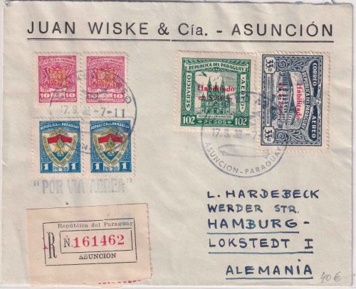 Paraguay - 84$/102 P. Flugpost u.a. Luftpost-Einschreibebrief Asuncion 1938
