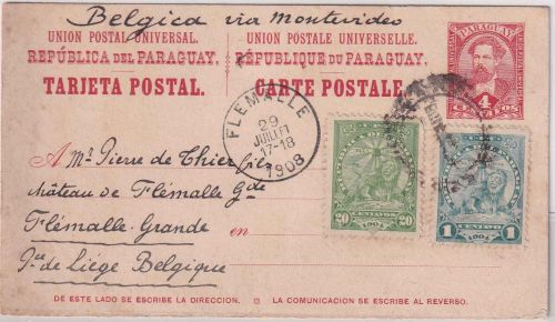 Paraguay - 4 C. Präsident Ganzsache+Zusatz n. BELGIEN Asuncion - Flemalle 1908