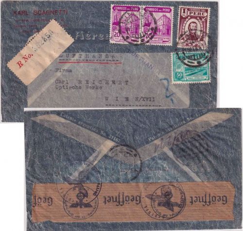 Peru - 1 S. Freimarke u.a. Luftpost-Einschreibebrief Lima - Wien 1941 OKW-Zensur