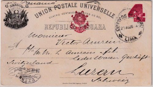 Peru - 4 C. Wappen Ganzsache/Überdruck i.d. SCHWEIZ Lima - Luzern 1894
