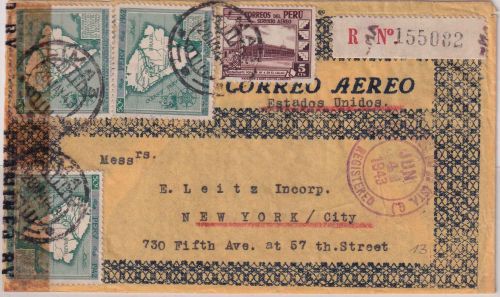 Peru - 3x50 C. 400 J. Entdeckung Amazonas u.a. Lupo-Einschreibebrief Lima 1943