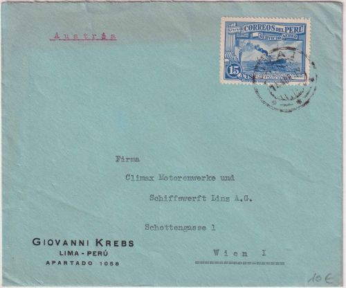 Peru - 15 C. Postboot Brief n. ÖSTERREICH Lima - Wien 1937