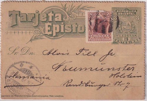 Uruguay - 3 C. Ganzsache/Kartenbrief + Zusatz Montevideo - Neumünster 1898