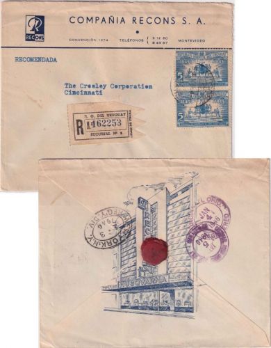 Uruguay - 2x5 C. 100. Geb. Varela Einschreibebrief n. USA Montevideo 1946