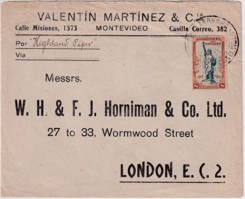 Uruguay - 8 C. Freiheitsstatue Brief n. ENGLAND Montevideo - London 1919