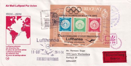 Uruguay - 15 J. Lufthansa-Verbindung Blockausgabe Sonderflugbeleg 1972
