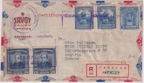 Venezuela - 2x20 C. 80. Todestag Bello u.a. Lupo-Einschreibebrief Caracas 1948