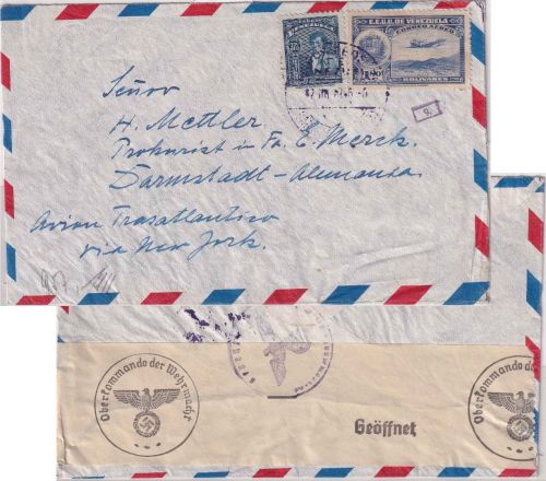 Venezuela - 37 1/2 C. Unabhängigkeit u.a. Luftpost-UZensurbrief Caracas 1940