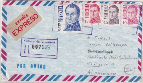 Venezuela - 3 Bs. Bolivar u.a. Express-Luftpost-Einschreibebrief Barcelona 1979