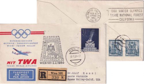 Österreich AUA-Sonderflug Olympiade Wien/Squaw Valley Lupo-Einschreibebrief 1960