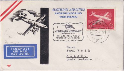Österreich - AUA-Erstflug Wien/Mailand Luftpostbrief 1.11.1960