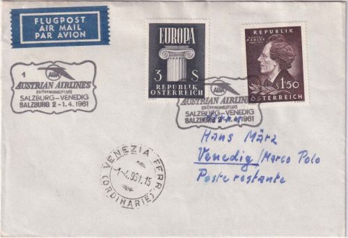 Österreich - AUA-Erstflug Salzburg/Venedig Luftpostbrief 1.4.1961