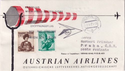 Österreich - AUA-Erstflug Wien/Prag/Düsseldorf Etappe Luftpostbrief 2.5.1961