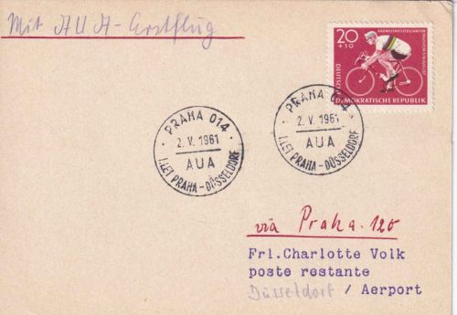 DDR - AUA-Erstflug Prag/Düsseldorf Zuleitungspost Luftpostkarte 2.5.1961