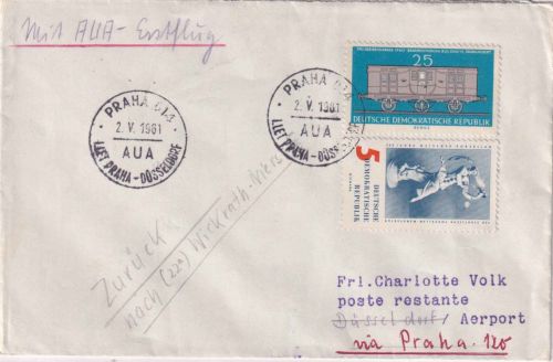 DDR - AUA-Erstflug Prag/Düsseldorf Zuleitungspost Luftpostbrief 2.5.1961