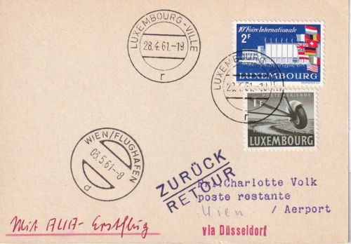 Luxemburg - AUA-Erstflug Düsseldorf/Wien Zuleitungspost Luftpostkarte 3.5.1961