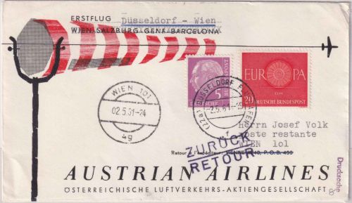 BRD - AUA-Erstflug Düsseldorf/Wien Luftpostbrief 2.5.1961 Zurück-L2