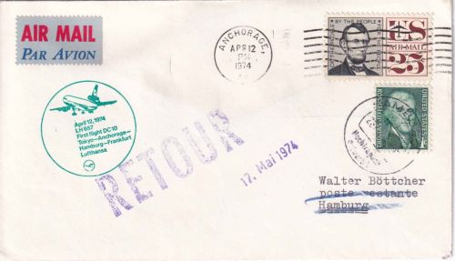 USA - Lufthansa-Erstflug Tokyo/FF Etappe Anchorage/Hamburg 12.4.1974 Lupo-Brief